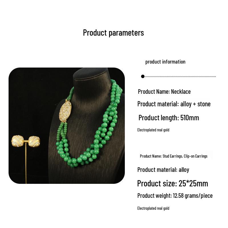 Green Stone Handmade Beaded Earrings and Necklace Set - Elegant High-End Fashion Jewelry