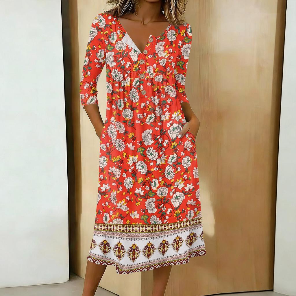 Rochie casual de damă la modă, cu imprimeu colorat, gât rotund, mânecă 3/4, guler cu nasturi, lungime medie