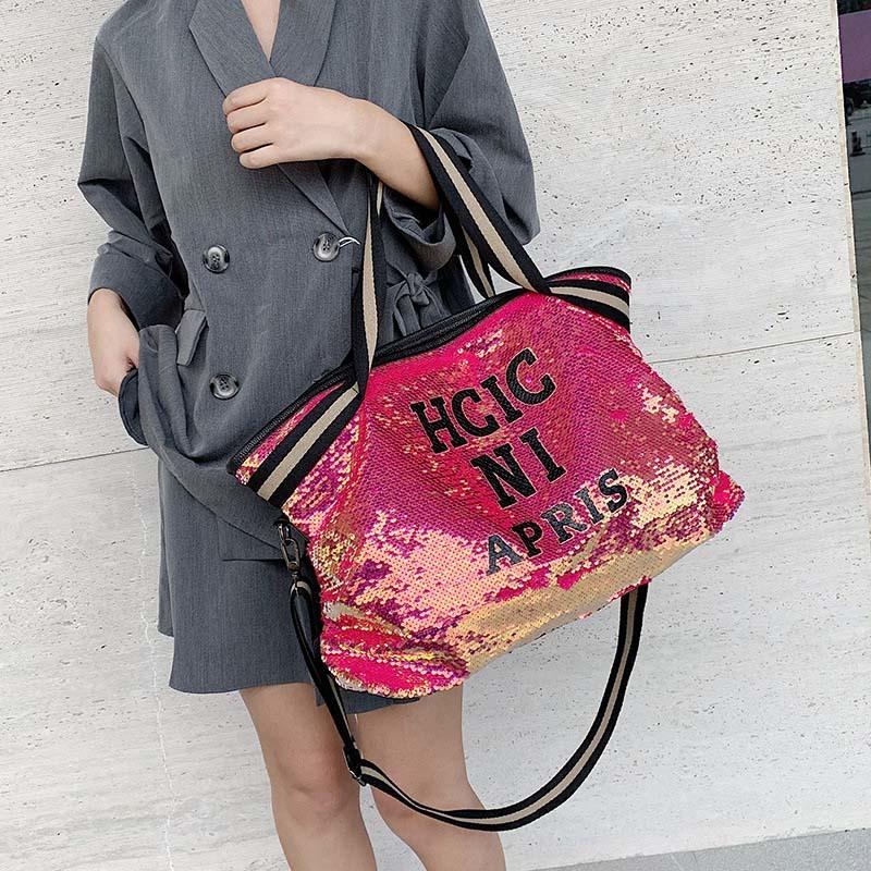 

Casual Women Bling Sequins Shoulder Bags Big Capacity Female Handbag For Lady Travel Large Tote Letter Printed Crossbody Bags
