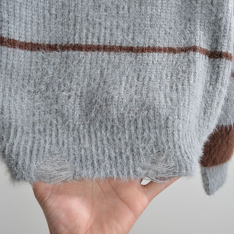 Fall and Winter Mixed Color Stripe V Neck Pullover Knitwear Women's Clothing Idle Style Loose Soft Glutinous Long Sleeves Sweater Outer Tops
