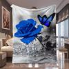 1pc Blue Rose Butterfly Ink Print Flannel Blanket, Comfortable And Practical, Suitable for Blankets, Bed Covers, Dormitory, Camp