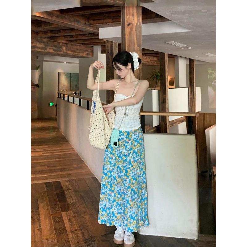 Seaside Resort French Drawstring Bandeau Top & Floral Skirt Set for Women Large