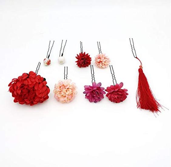 [Shoki Manufacturing] Japanese Style Hair Ornament 9-Piece Set: Maiko-style Hair Ornament, Tsumami-zaiku Hair Clip, Flower Hair Clip, for