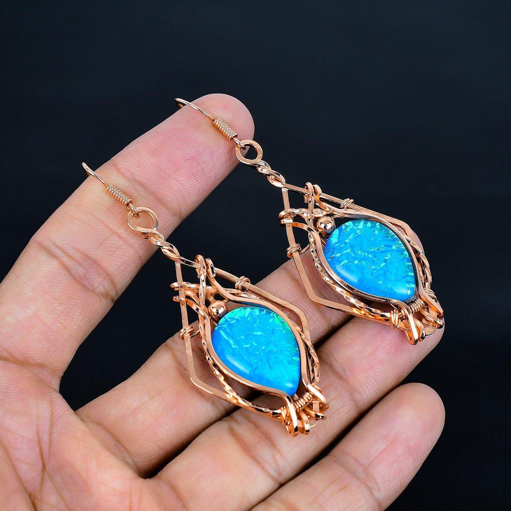 Australian Triplet Opal Earrings, 999 Copper Wire Wrapped Earrings, Handmade Gemstone Jewelry Earrings For Memorial Day