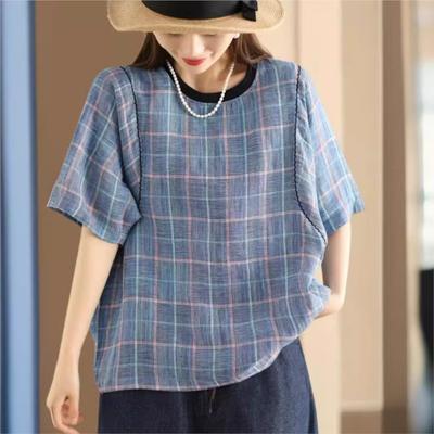 Damen Vintage Karomuster T-Shirts Rundhals Kurzarm Sommer Locker Damenkleidung Lockere Freizeit-T-Shirts