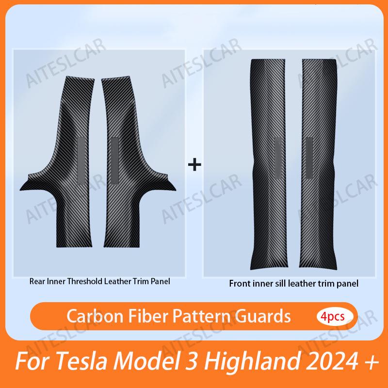 For Tesla Model 3 Highland 2026 + Front Rear Door Sill Guard Anti Scratch Dirt Resistant Threshold Strips Interior Accessories