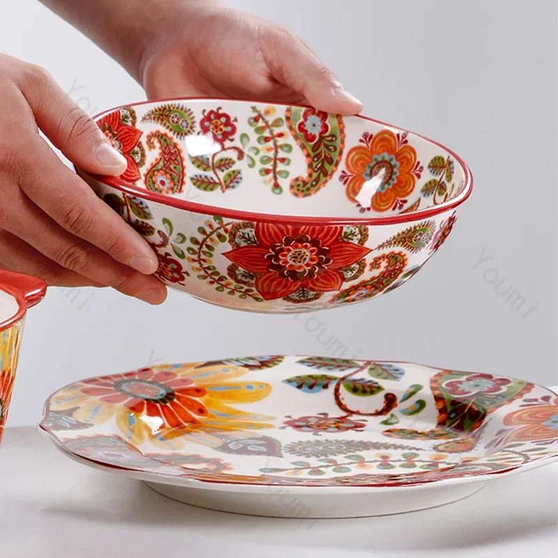 Creative Bohemian Style Ceramic Plates Retro Restaurant Salad Pasta Plate Delicious Dishes Large Soup Bowls Household Tableware
