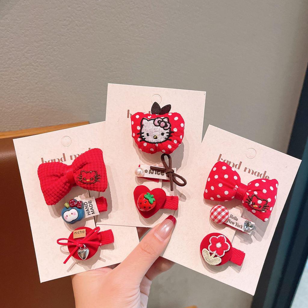 Children's Cartoon Hair Clip Set: Cute Bow and Red Decorative Clips for New Year