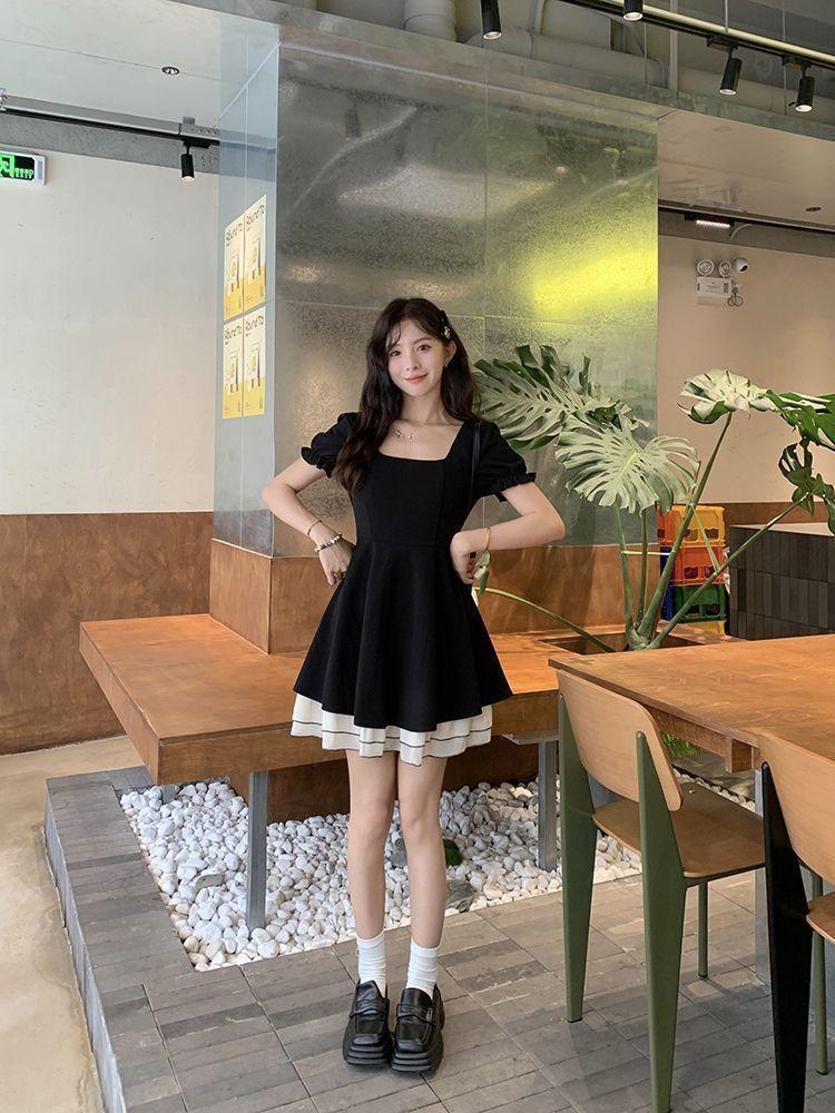 French Hepburn Small Black Dress Summer Waist Thin Advanced Sense Sweet Contrasting Color Splicing Small Square Neck Dress