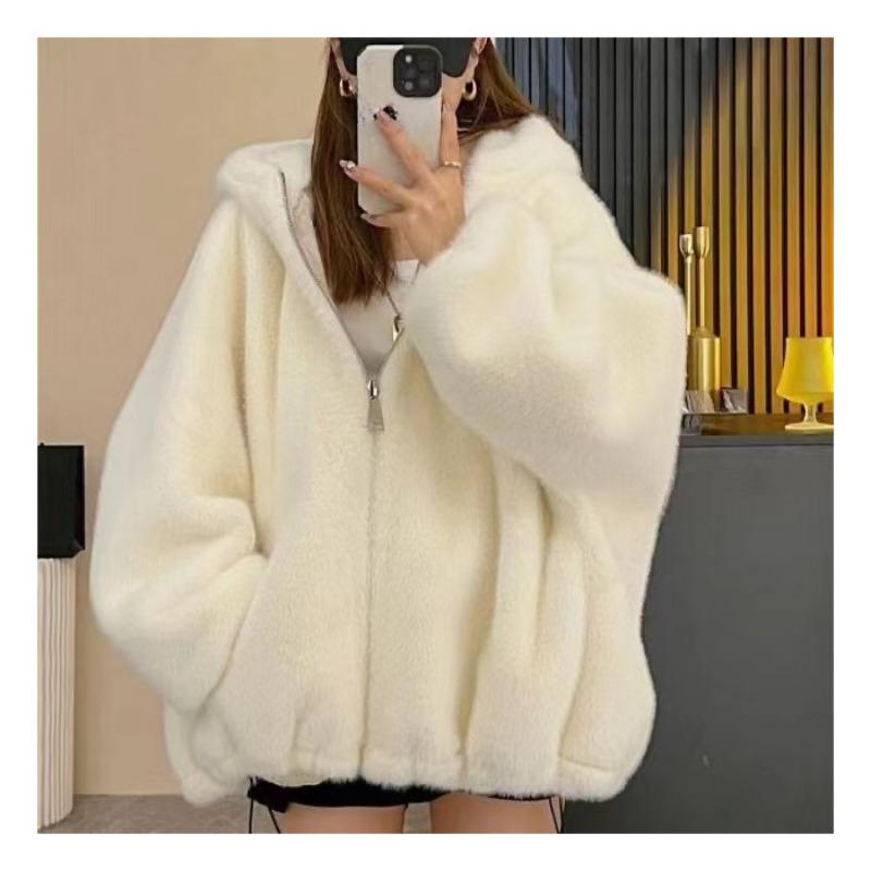 Faux Fur Coat Women Casual Hoodie Loose Fluffy Thicken Warm Jacket Female Winter Fashion Solid Zipper Warm Outwears Lady