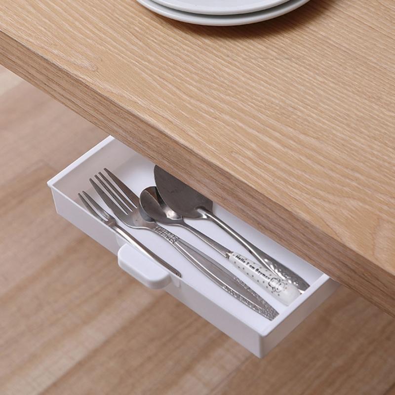 2Pcs Plastic Adhesive Under Cabinet Storage Boxes Under Desk Drawer Organizers Household Organization Tool