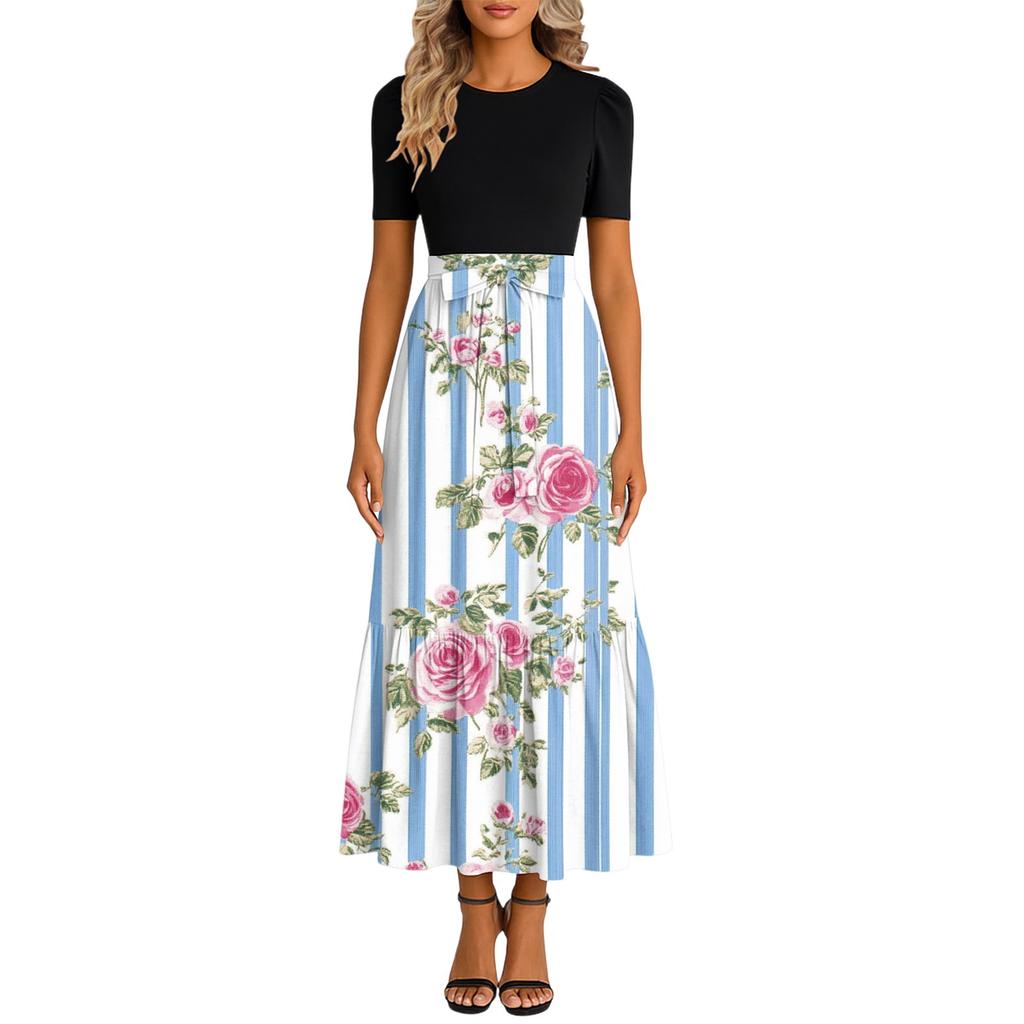 Damen Modisches Lässiges Gürtel Kurzärmeliges Rundhals Print Elegantes Temperament Kleid