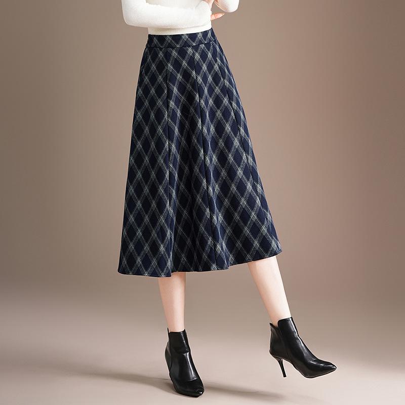 High-Waisted Woolen Plaid A-Line Skirt: Long, Stylish Autumn/Winter Women s Skirt 3X Large