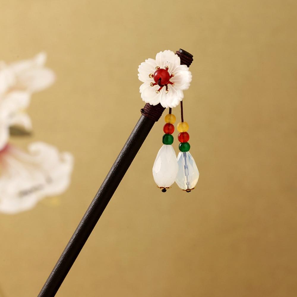 Decorative Chinese Style Flower Hair Sticks Handmade with Tassel Hair Chopsticks Retro Hair Fork Wooden Hairpin for Hanfu