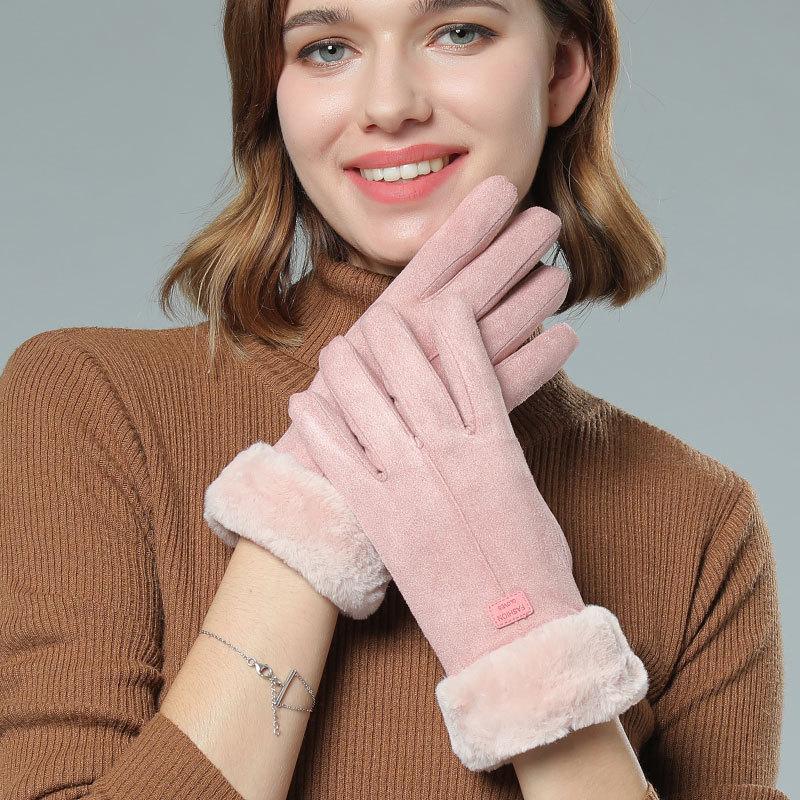Winter Thickened Plush Gloves Womens Leather Glove All Finger Warmth Cold Proof Single Color Elegant Mittens Stylish Accessories