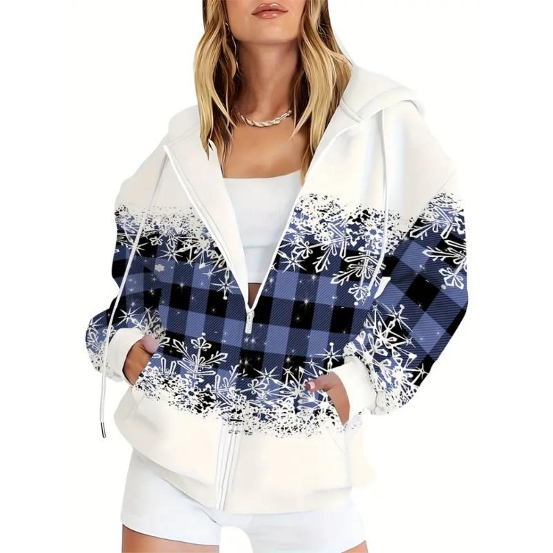 Women's Christmas Snowman Print Hooded Cozy Long Sleeve Zip-Up with White Sweatshirt Women Fashion Versatile Hoodies for Women