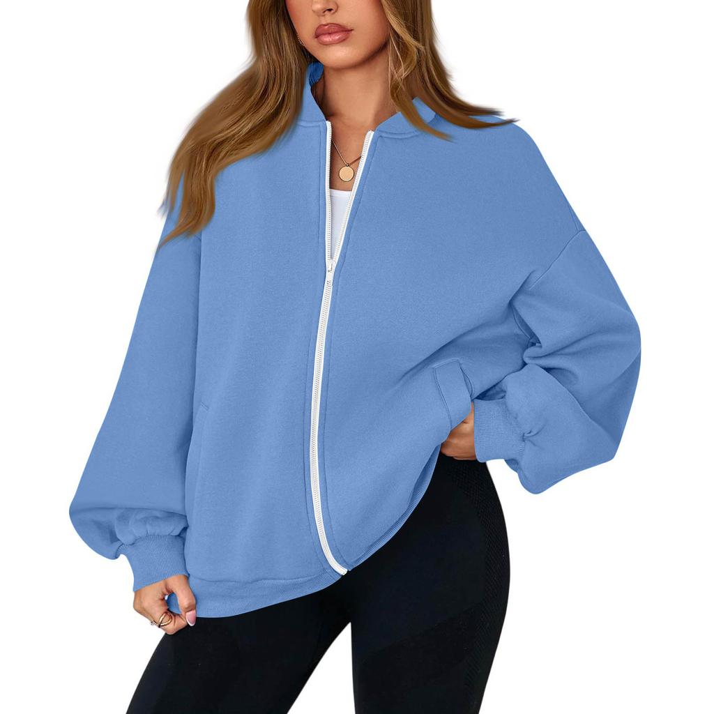 Damen Mode Langarm Farbe V-Ausschnitt Locker Oversize Reißverschluss Jacke