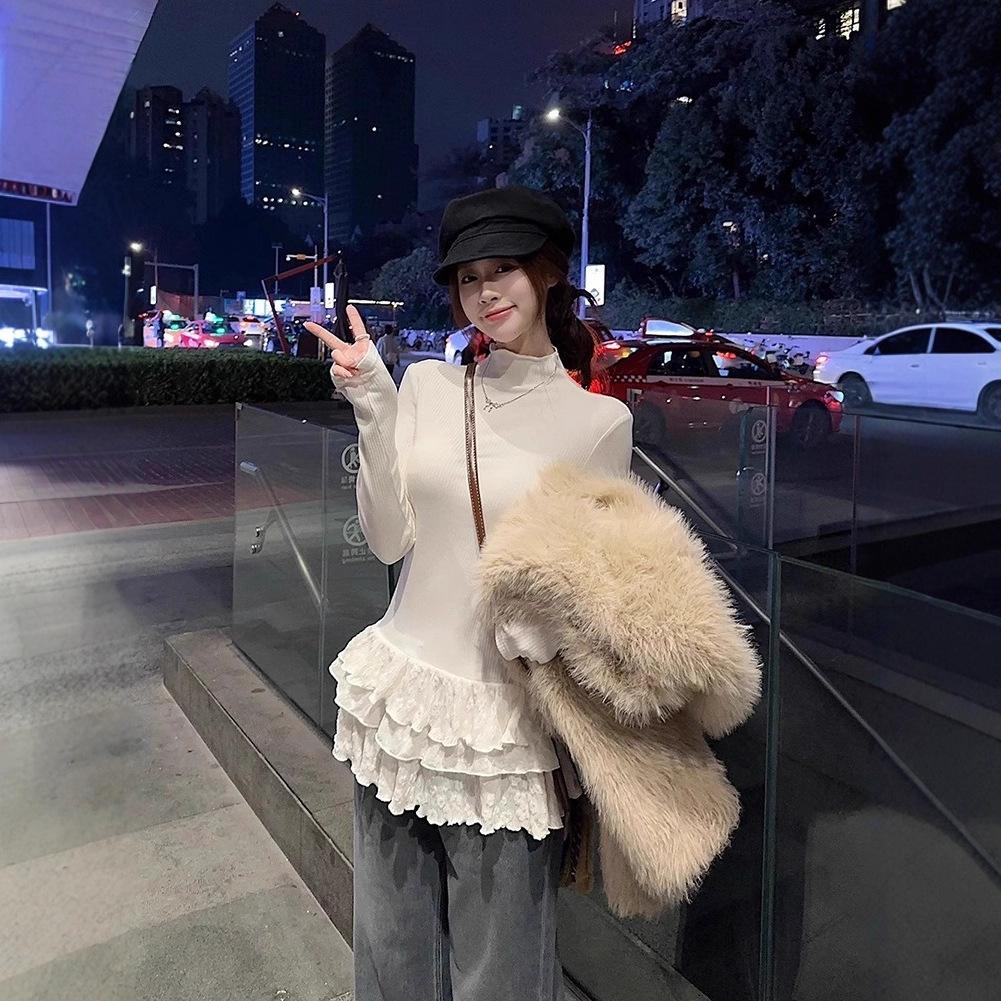 Semi-turtleneck Fungus Edge Lace Bottoming Shirt Women's Top Autumn and Winter New Polished Fleece Long Inner Sleeve Chic Hem
