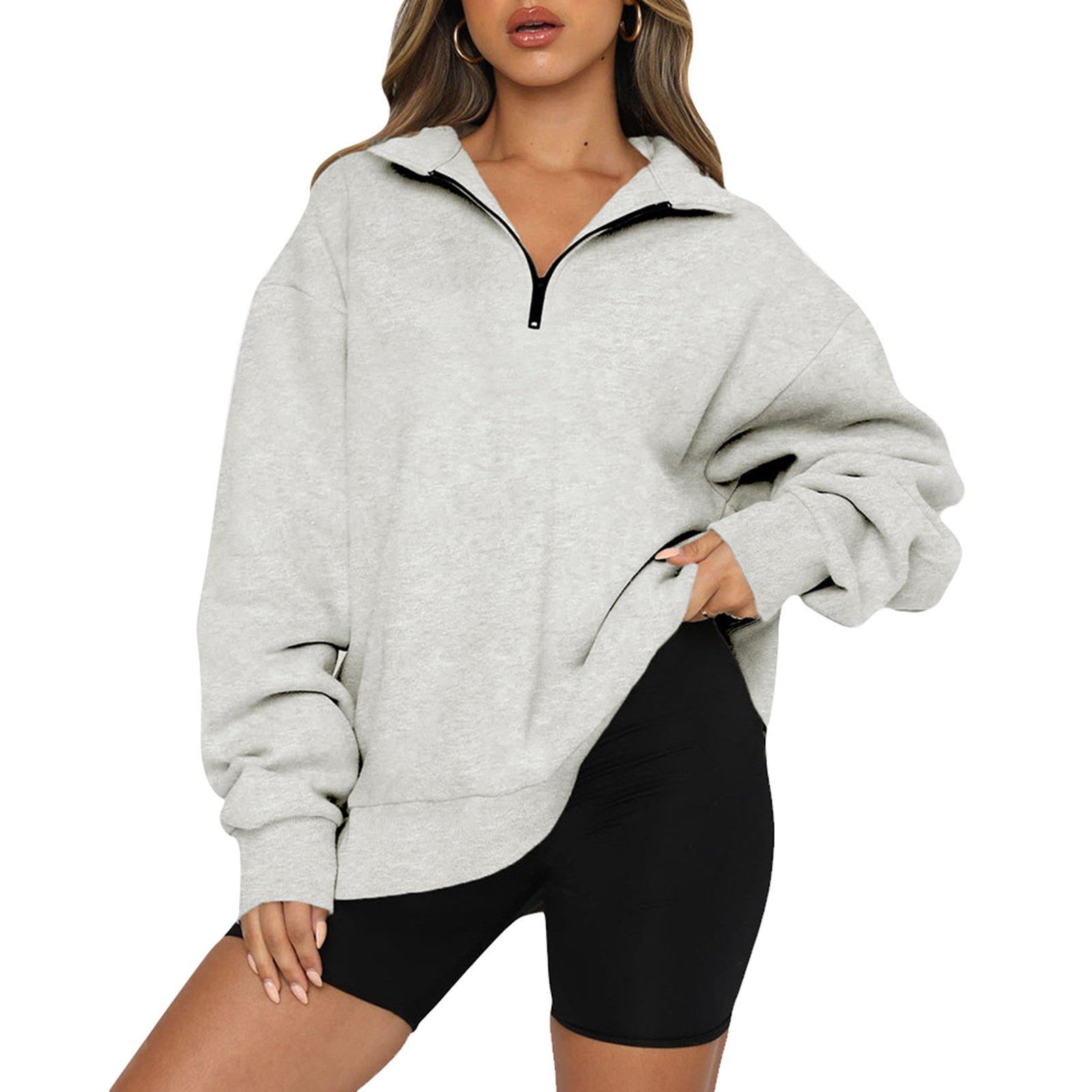 

Women Half Zip Rib Cuff Long Sleeve Sweatshirt Casual Loose Hem Pure Color Fleece Lined Pullover M сірий