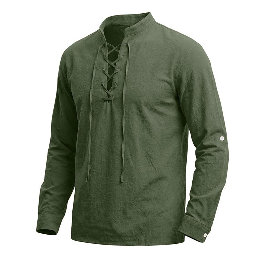 Men's Cotton-Linen Drawstring Collar Long-Sleeve Top Men's Casual Stylish Long-Sleeve Shirt