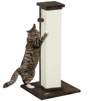 81cm Cat Scratcher, Vertical Full Scratcher W/ Natural Sisal Rope, Hanging Ball, Soft Plush - Brown