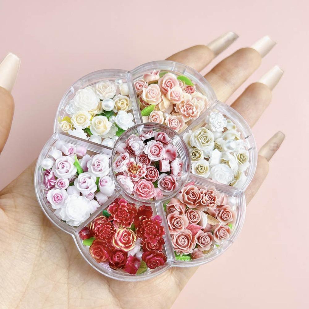 Pink Rose Flower Rose Nail Decorations Mixed Pearl Beads Rose Nail Rhinestones Nail Salon