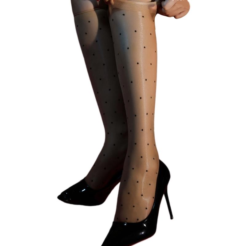 Vintage Dot Pattern Shimmery Silky Sheer Long Socks Fashionable Sexy Shinning Oil Stockings for Women Club Party Hosiery