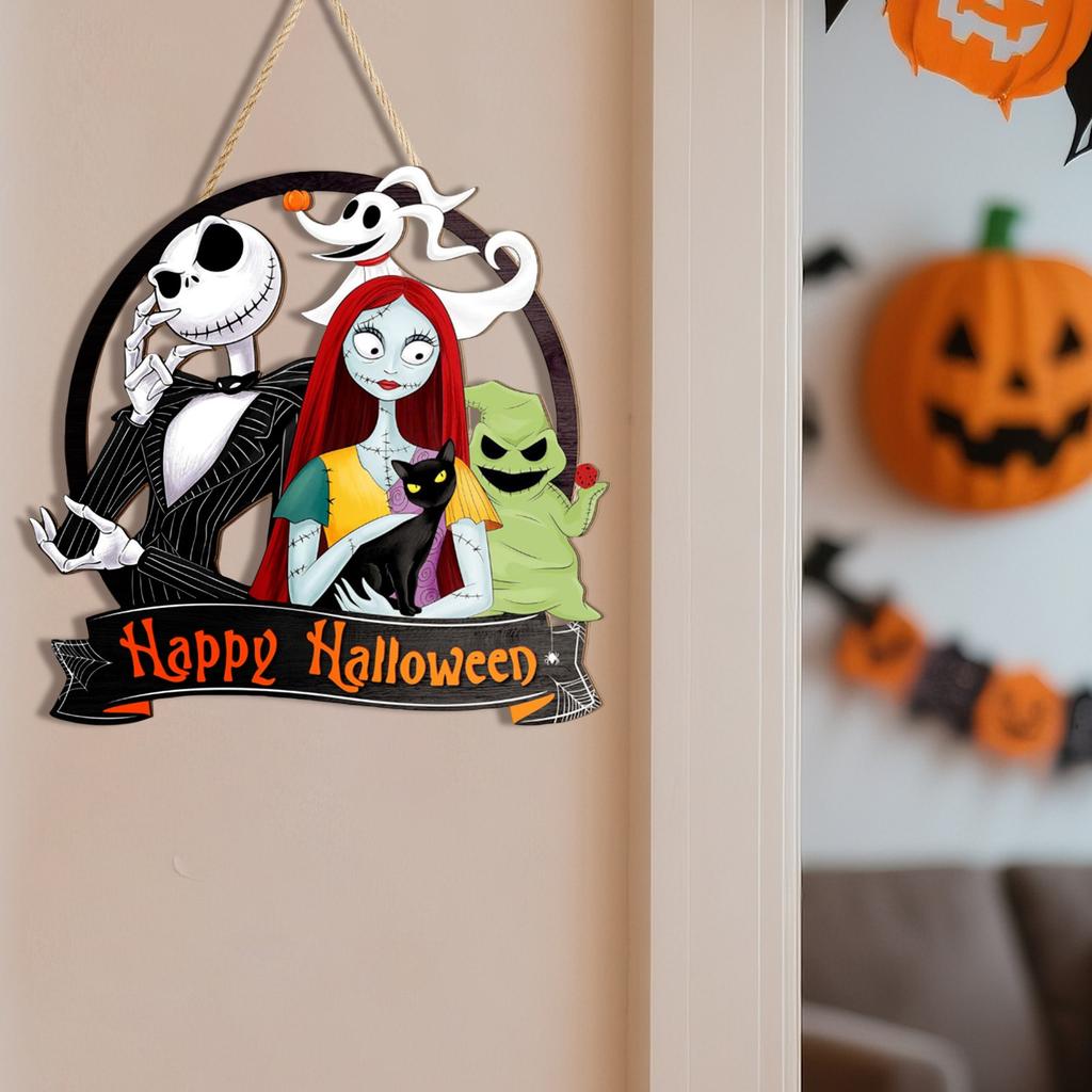 Halloween Wooden Door Sign Cartoon Midnight Decoration, Happy Halloween Wreath Funny Pumpkin  Hanging