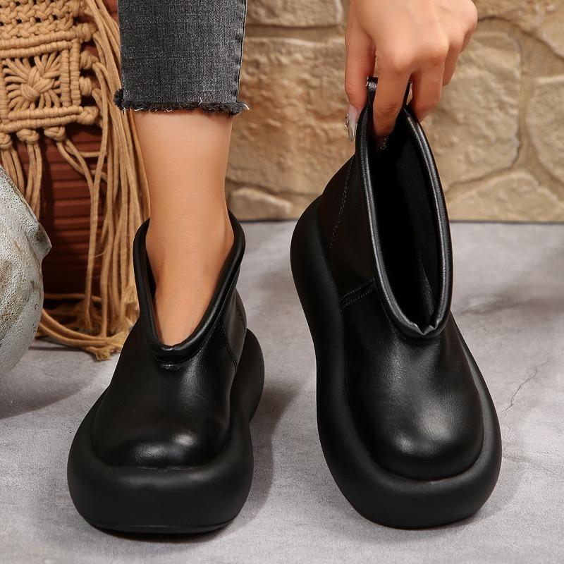 Fashion Retro Leather Booties Women's New Ethnic Style Big Round Toe Platform Casual Comfortable Non-slip Platform Shoes