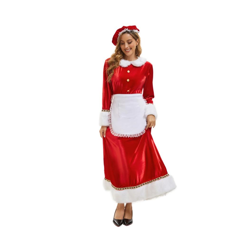 LYRIA New Christmas Adult Plush Edge Dress Women's Holiday Party Costume Santa Claus Cosplay Hat Apron Set Performance Costume