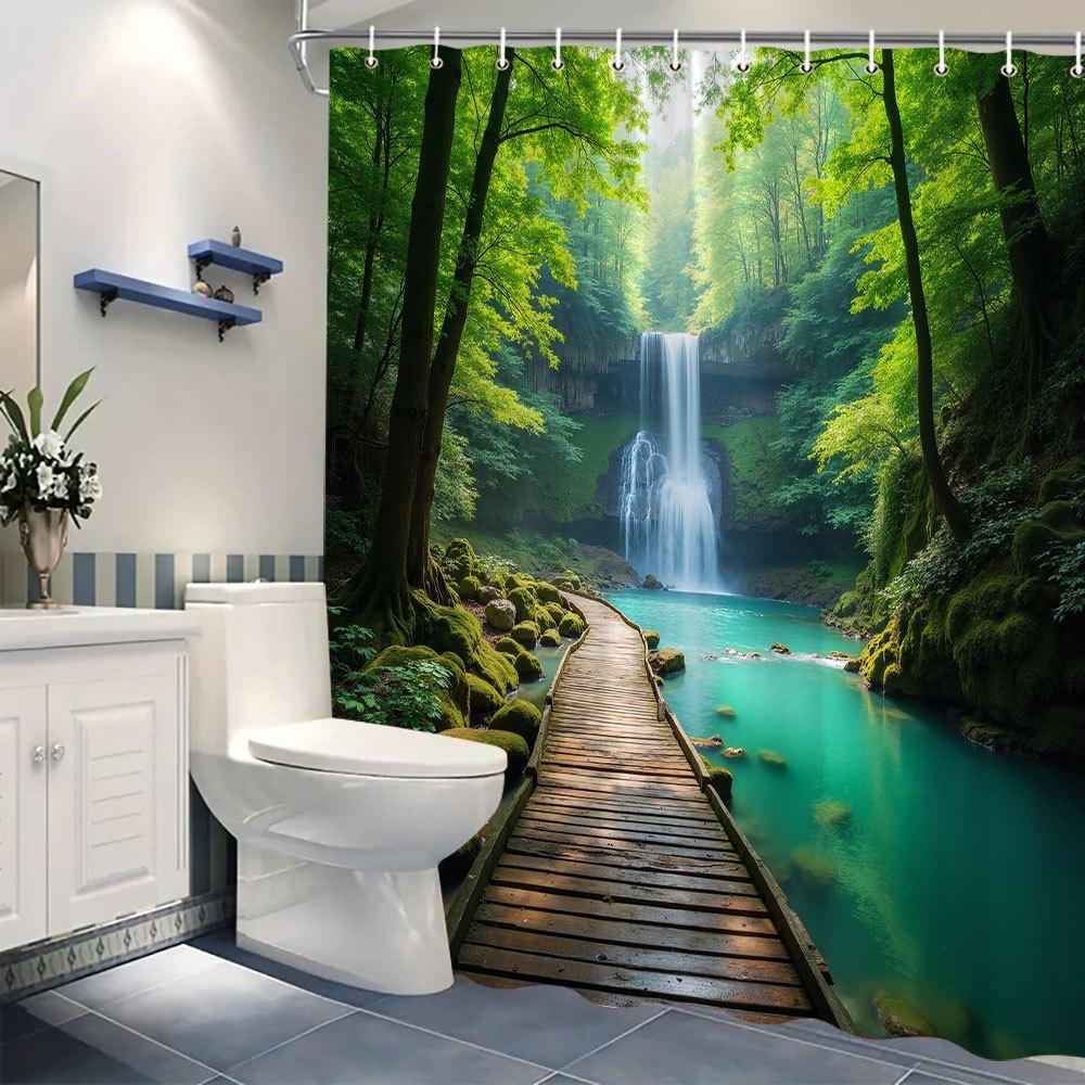 Transform Your Bathroom with this Waterproof Shower Curtain Featuring a Serene Forest Waterfall for Relaxation