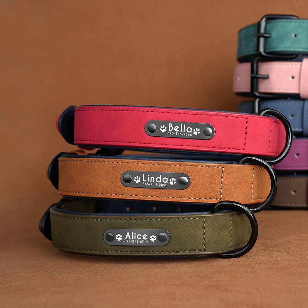Personalized Name Paw Dog Collar PU Leather Dog Collars Soft Padded Pet Puppy Necklace Free Engraving for Small Large Dogs S-XL