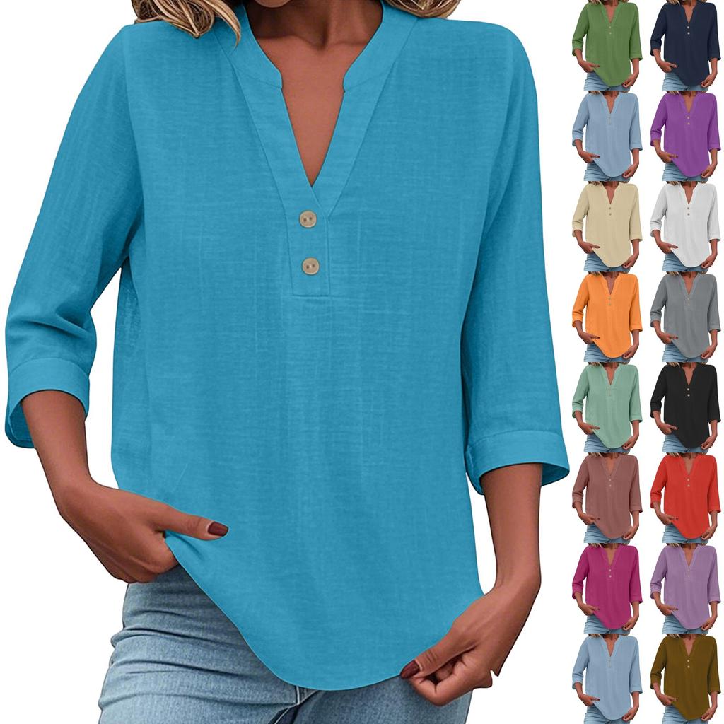 3/4 Sleeve Linen Tops For Women Loose Fit V Neck Button Down Shirts Cute Solid Summer Beach Tee Shirts