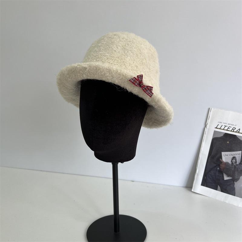 Chapeau cloche d'automne et d'hiver en laine, fil cercle, bord relevé devant, pour femme, doux, petit, frais, avec nœud, chaud, décontracté