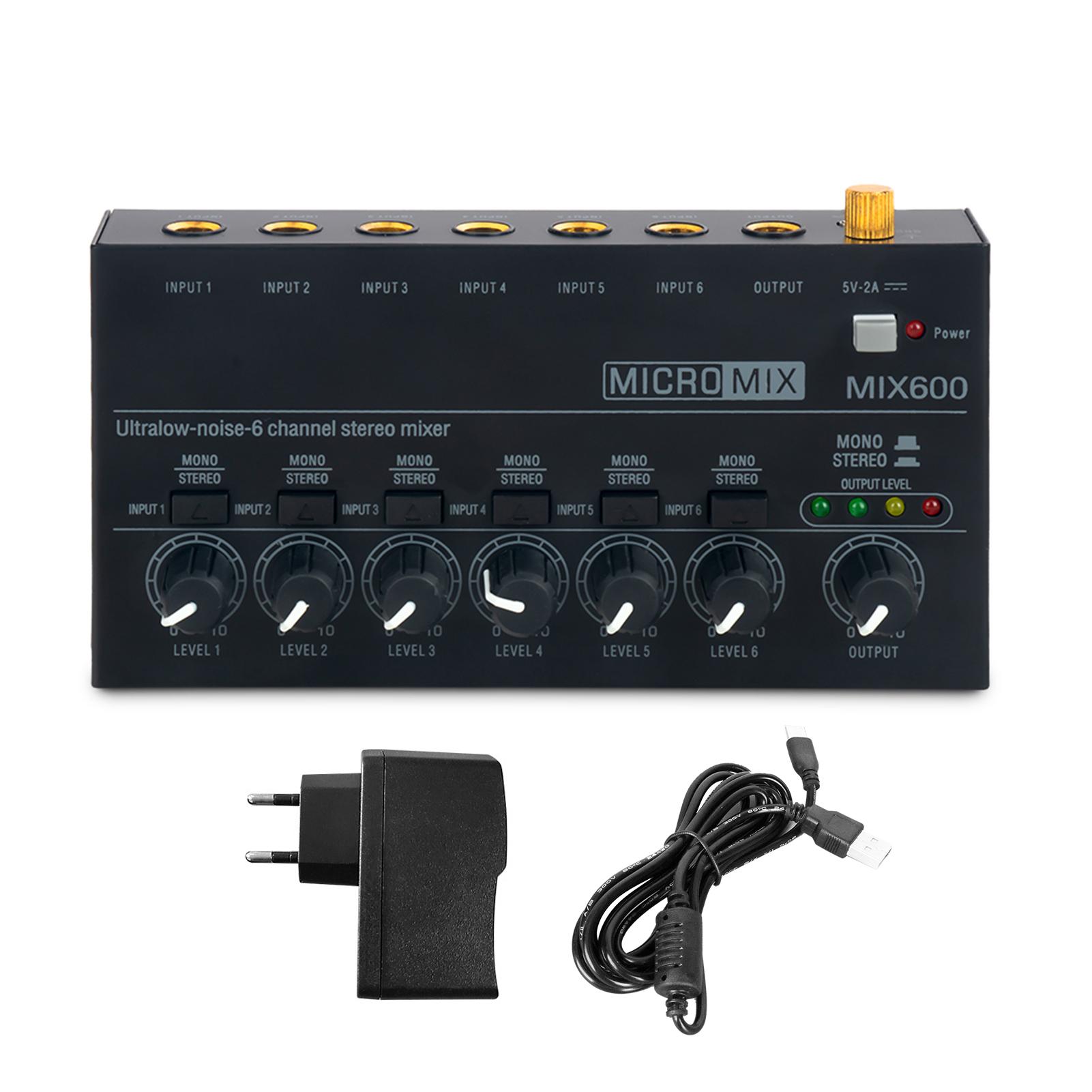 COKYIS Mini-audiomixer, 6-kanaals stereo lijnmixer voor precisie-submixing, met ultra geluidsarme bediening, onafhankelijke microfoonbediening, 1/4 TRS -ingang/uitgang voor gitaren, bas, podiummixer