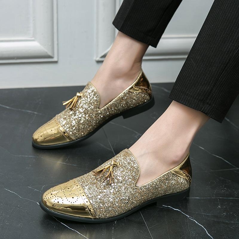 Men Wedding Tassels Leather Casual Shoes Luxury Designer Pointed Gold Sequin Loafers Brand Dress Evening Footwear Zapatos Hombre