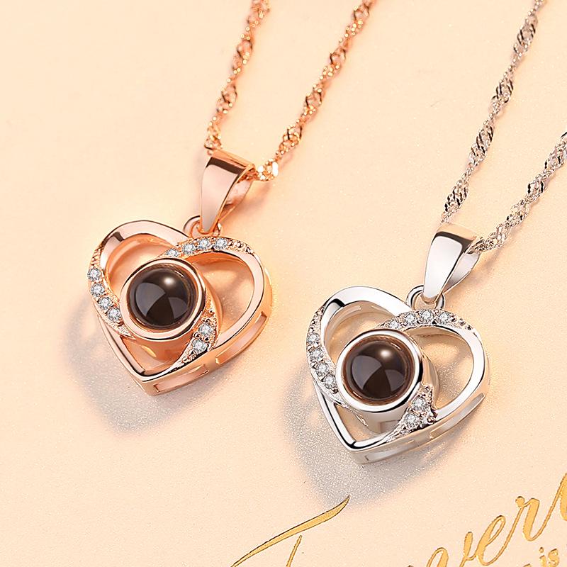 S925 Silver Peach Heart Projection Necklace 'I Love You' in 100 Languages