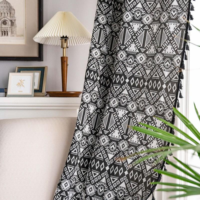 Bohemia Black Geometry with Tassels Curtain Thick Blackout Curtains for Living Room American Style Vintage Drape Kitchen Valance