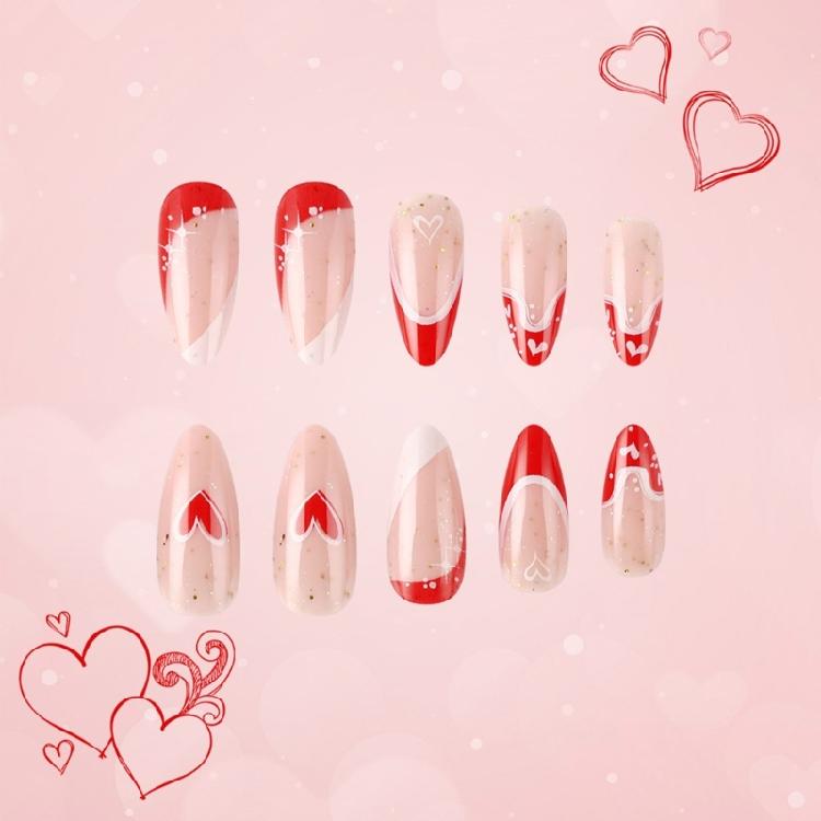 Valentinstag Lange Mandel-Press-On-Nägel mit Herz-Design Vollabdeckung Glänzend Falsche Nägel Künstliche Nägel 24 Stück