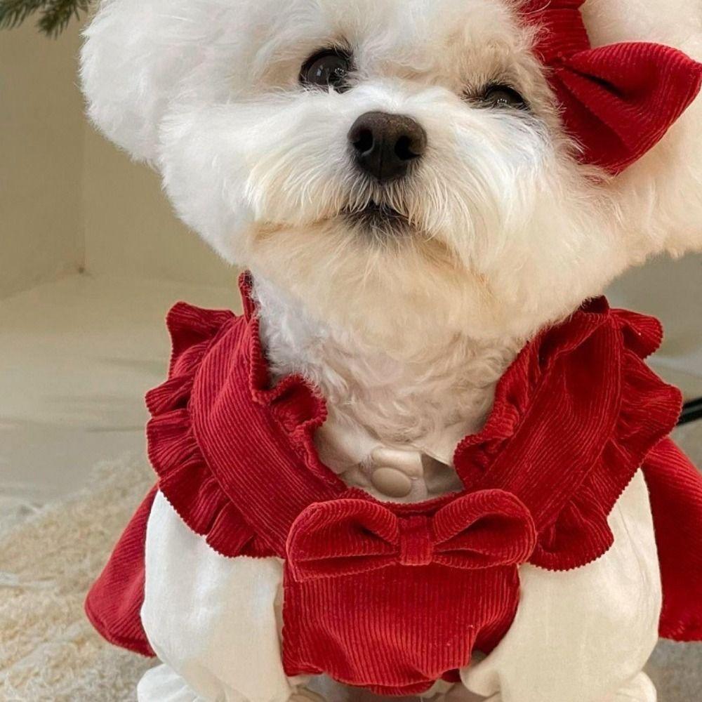 Pleated Bow Dog Skirt New Year Christmas Cat Princess Dress Pet Costume  Photograph Prop