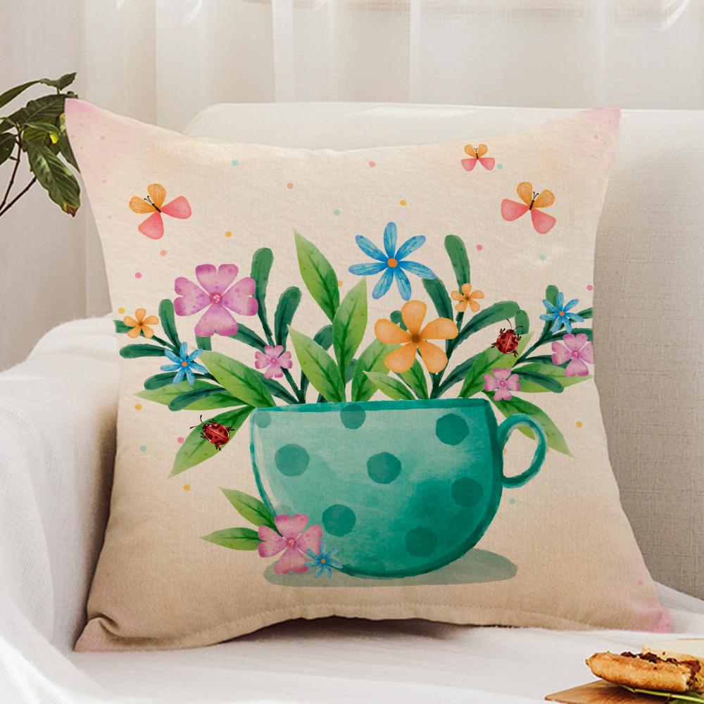 Painting Cup of Flowers Cushion Cover Premium Comfort Reversible Pillow Cover - Dual - Use Design for Home & Car