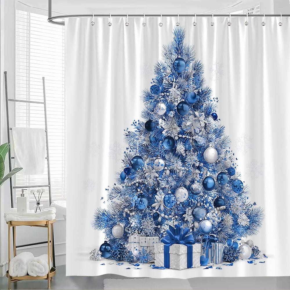 

1pc Festive Blue & Silvery Christmas Tree Shower Curtain - 70.8x70.8 Inch, Polyester, Machine Washable, with 12 Hooks, Ideal for 90x180cm35x71in