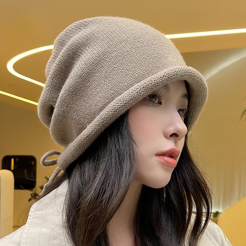 Pullover Hat Girls Drawstring Curling Lazy Wind Stacking Hat Baotou Hat Men's Solid Color Knitted Hat