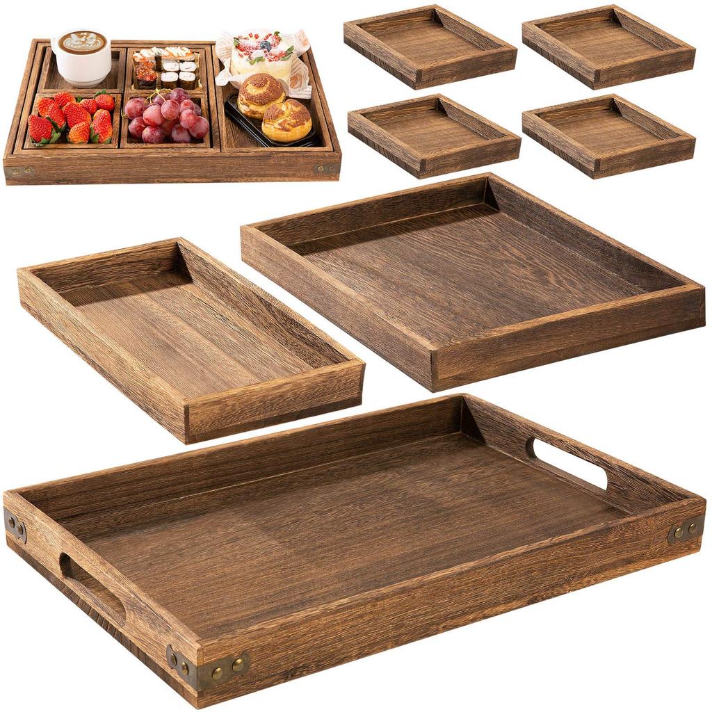 Yangbaga 7-Piece Wooden Tray Set, Perfect for Tea, Cafes, and Kitchens, Perfect for Small Items, Set Meals, and Luncheons