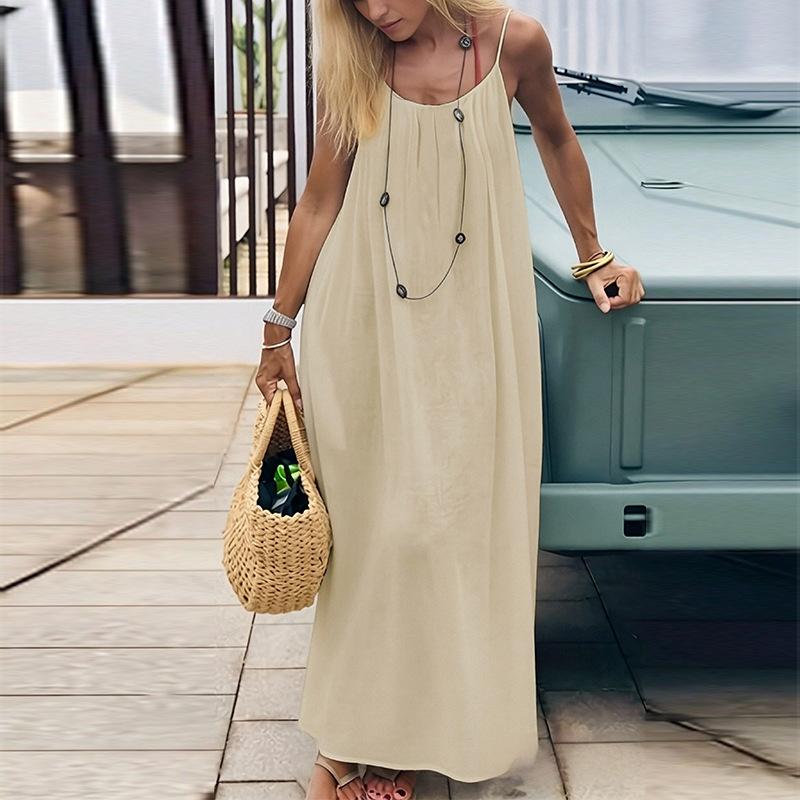 

Casual Solid Loose Dress For Women Sexy Sleeveless Spaghetti Strap Backless Lace-up Robe Femme Holiday Beach Party Clothes New 2XL абрикосовый