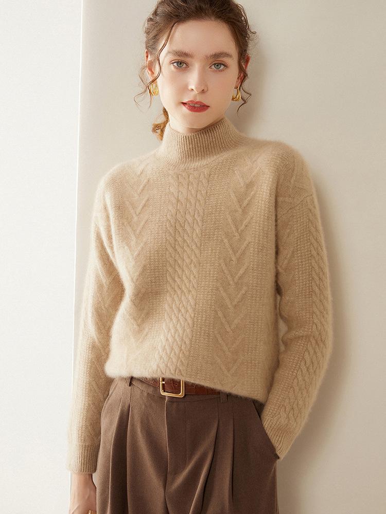 Women's Warm Thickened Cashmere Knit Sweater – Cable Design, Versatile & Skin-Friendly Long Sleeve Top