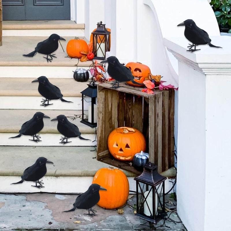 Set of 8 Black Feathered Crow Birds Halloween Scene Decors Halloween Party Props Decorations for Haunting House