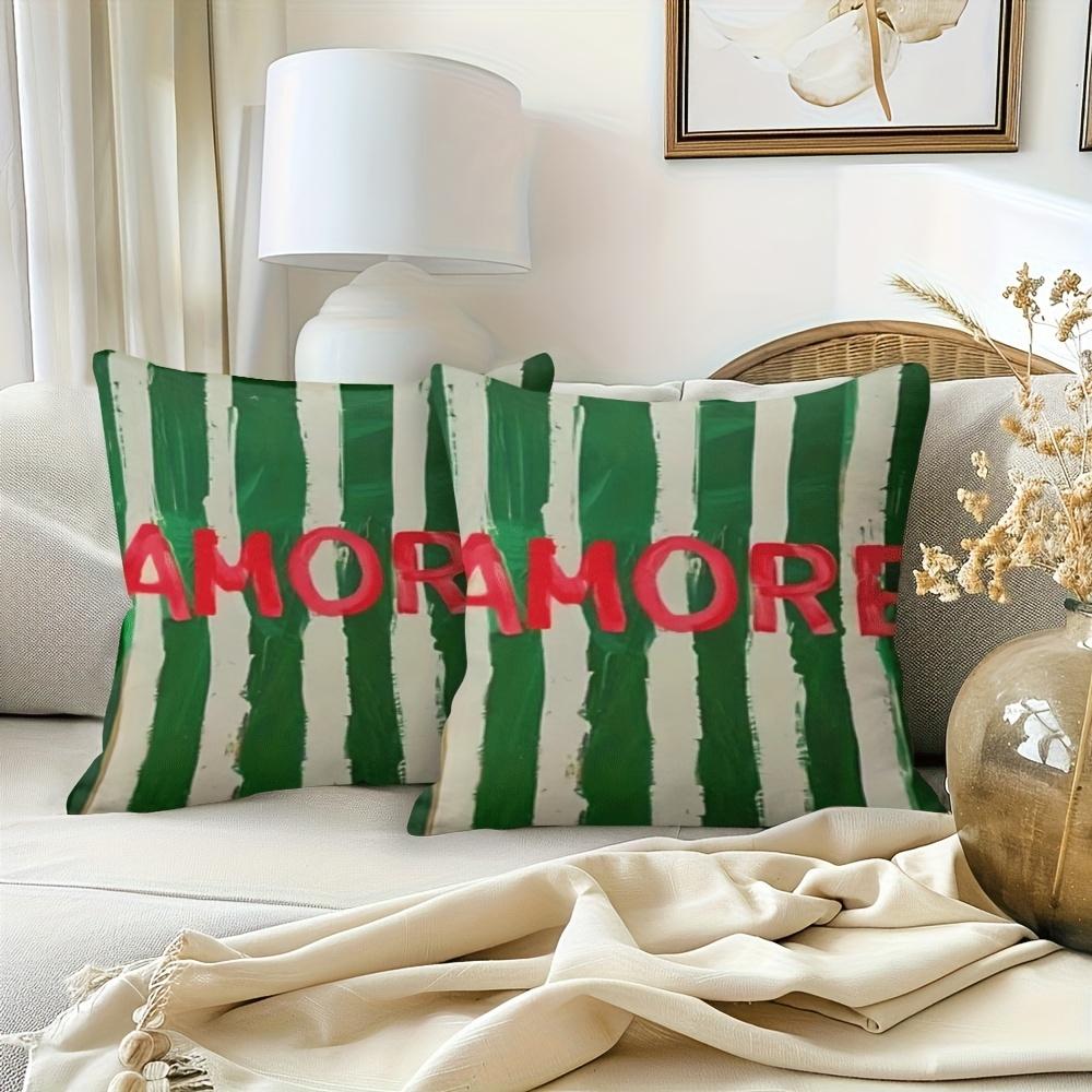 2D Flat-2pcs Striped Letter Print Decorative Throw Pillow Covers, No Inserts Included Sofa chair cushion cover