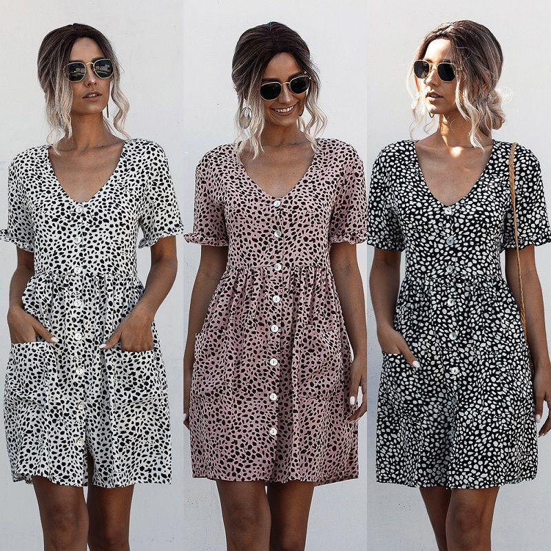 Stylish Women V-neck Holiday Mini Dress Featuring Elegant Polka Dot Design And Pockets