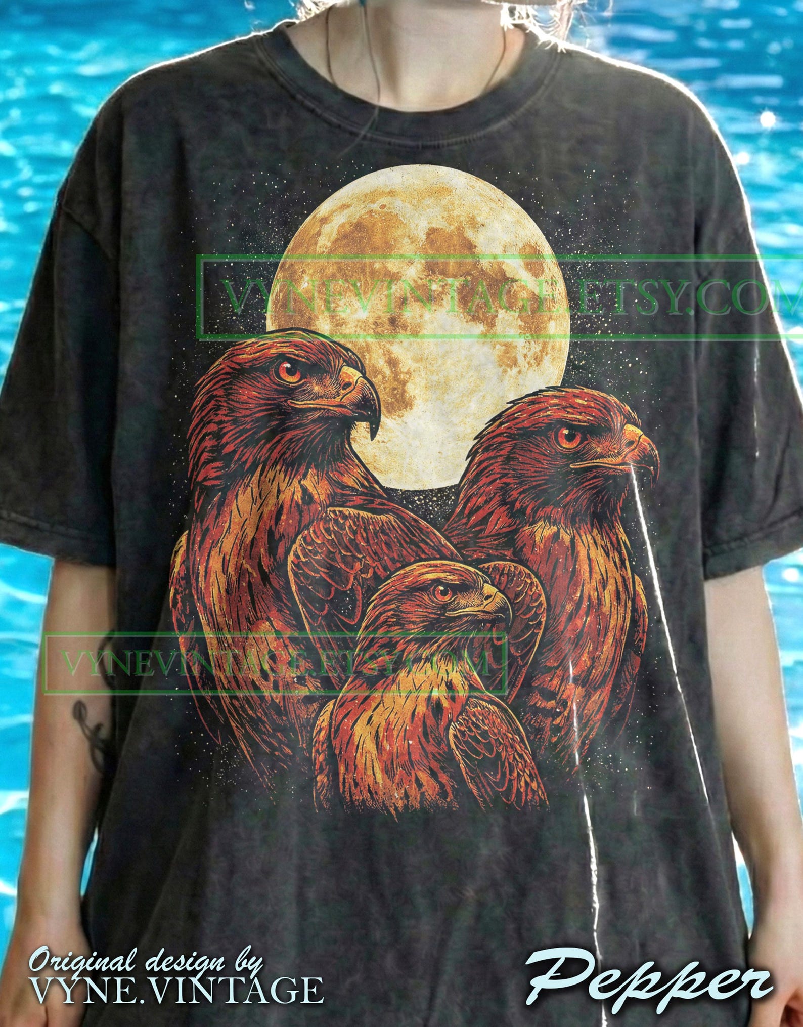 Vintage Eagle Moon Comfort Colors® Tshirt, 90S Graphic Style Tees, Retro Bird Of Prey Sweater, Grunge Hawk Tanktop, Faded Animal Gift L